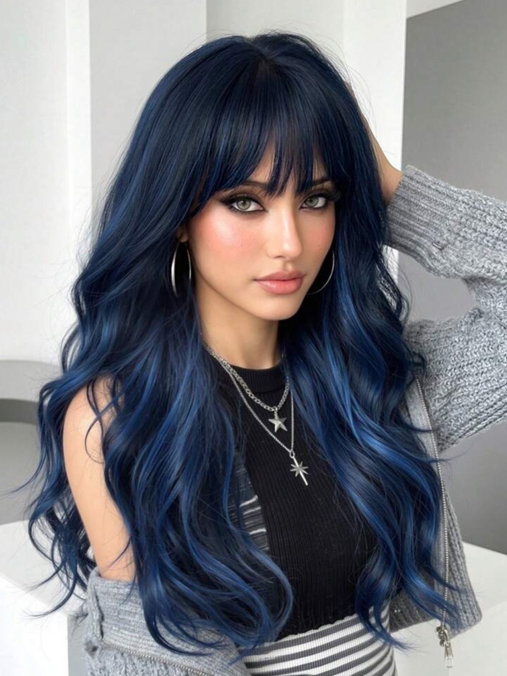 26 Inch Black With Blue Highlights Synthetic Wig With Bangs, Long Wavy Heat Resi